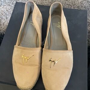 Giuseppe Tan Suede Espadrilles with Gold Logo. Authentic